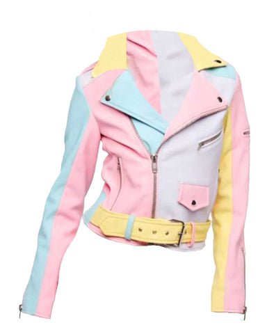 Womens Rainbow Pastel Faux Leather Biker Jacket | Elite Jacket