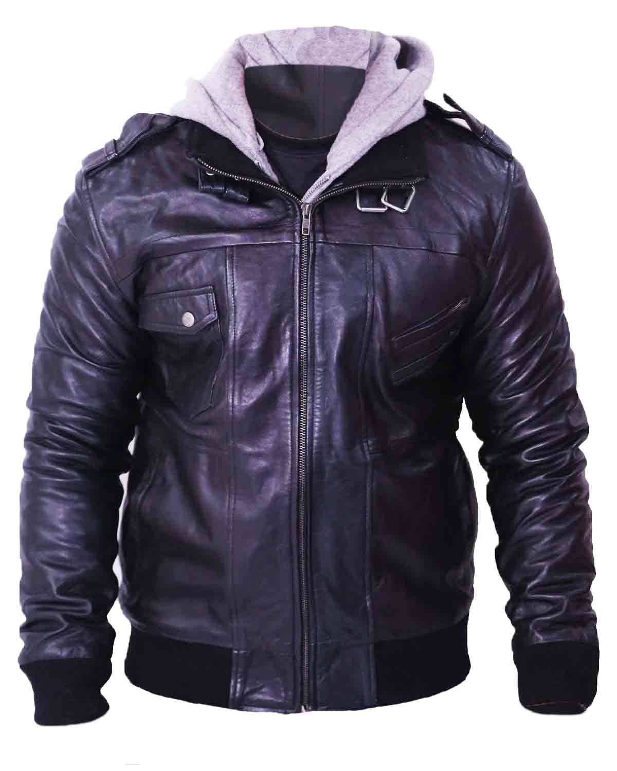 Elite Men's Grey Removable Hood Black Leather Jacket
