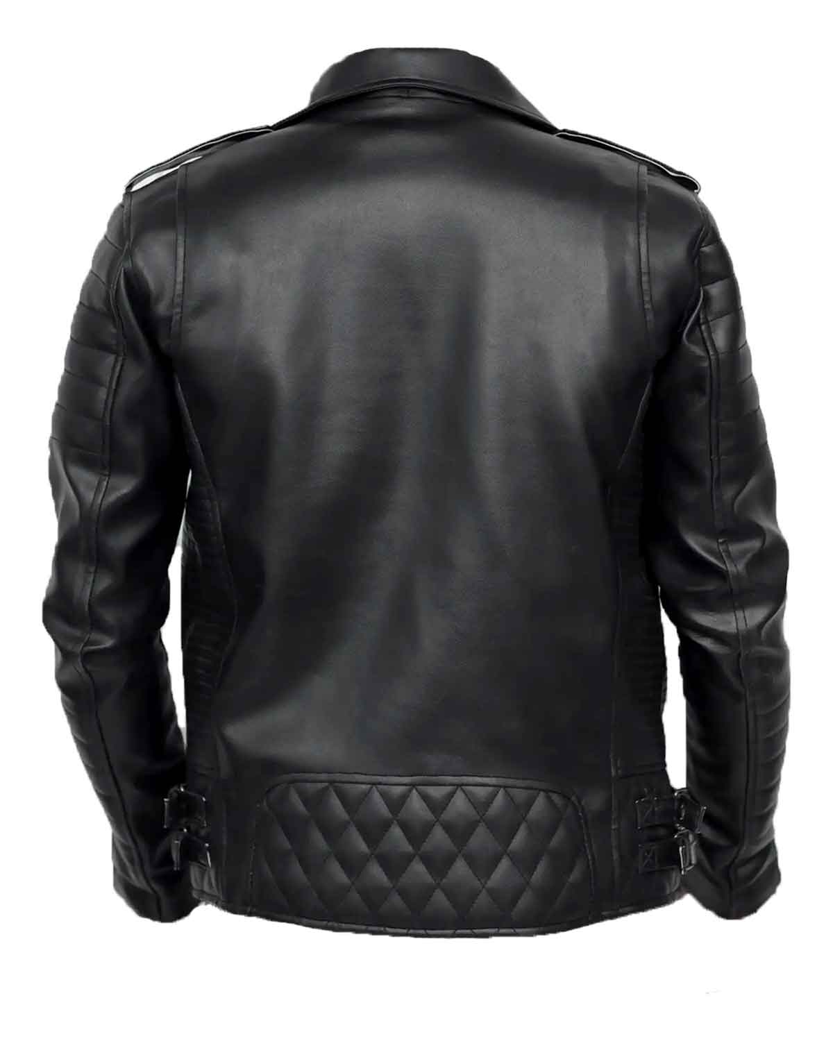 Mens Black Lapel Collar Quilted Leather Biker Jacket 