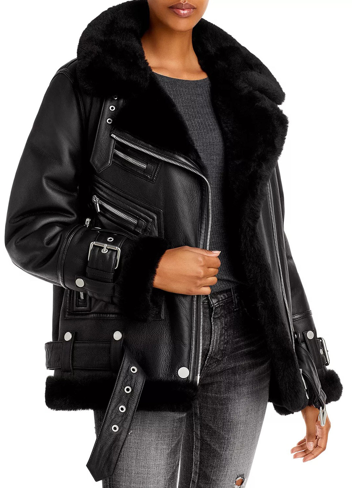 Womens Jet Black Shearling Leather Jacket | Shop Now!