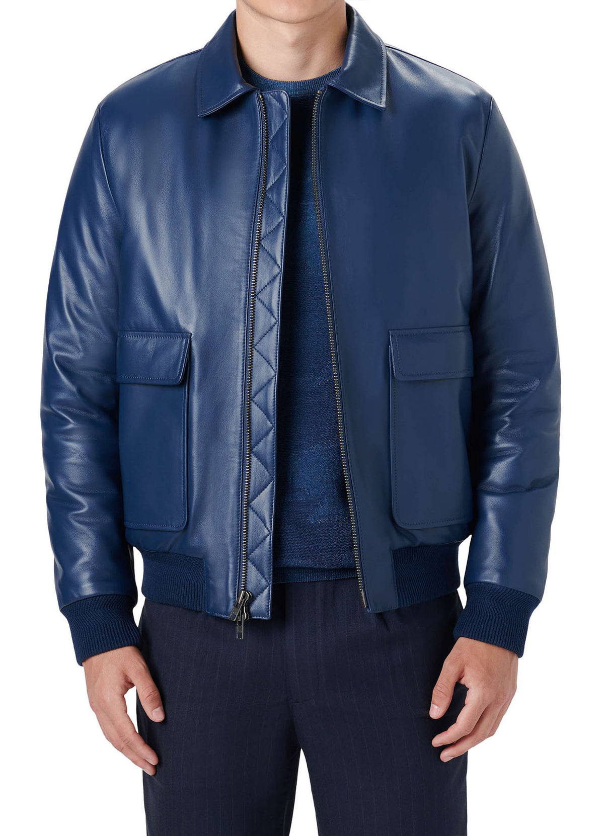 Mens Soft Blue Bomber Leather Jacket | Shop Now!