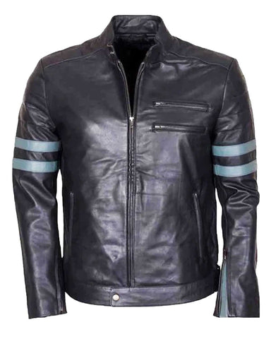 Eite Men's Blue Stripe Mayhem Retro Black Biker Leather Jacket