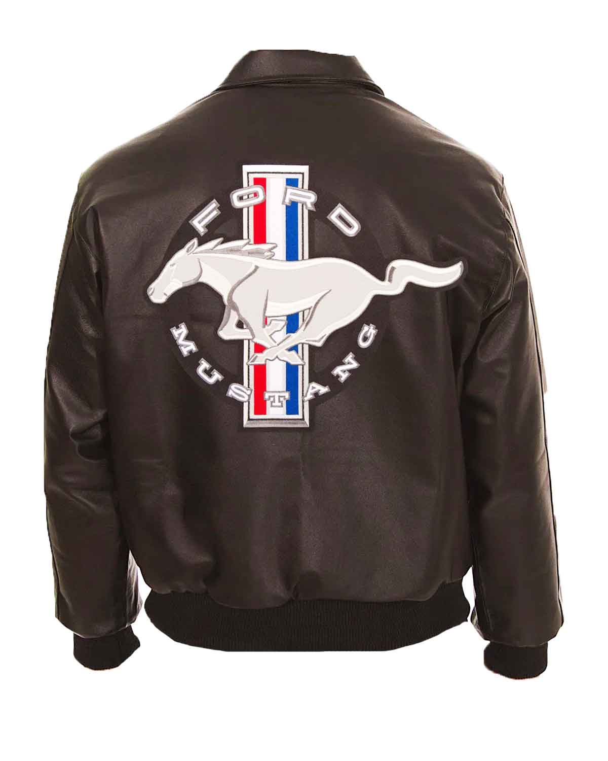 Ford Mustang Embroidered Black Leather Bomber Jacket