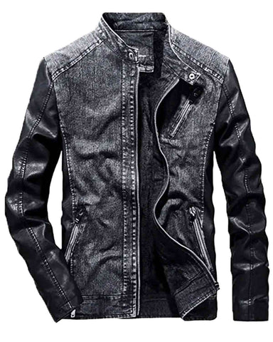 Elite Grey Denim Jacket with Leather Sleeves