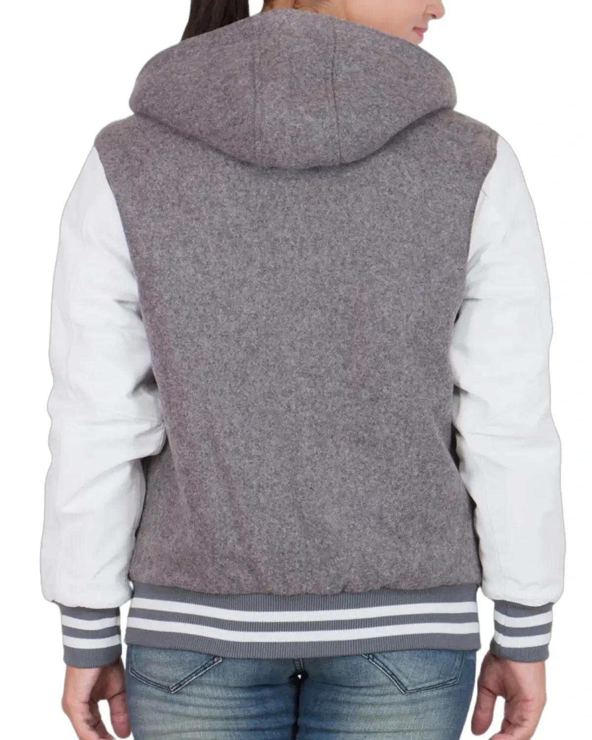 Womens Grey and White Hooded Varsity Jacket | Elite Jacket