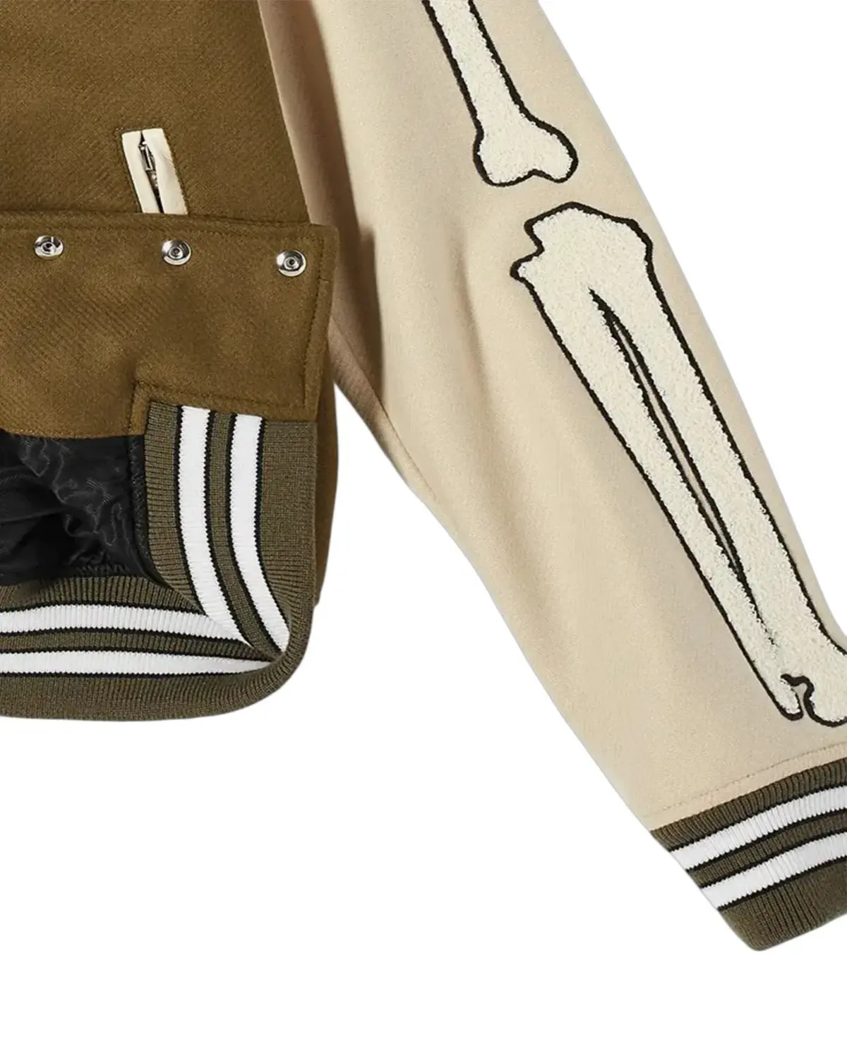 Mens Olive Green and Beige Bone Varsity Jacket | Elite