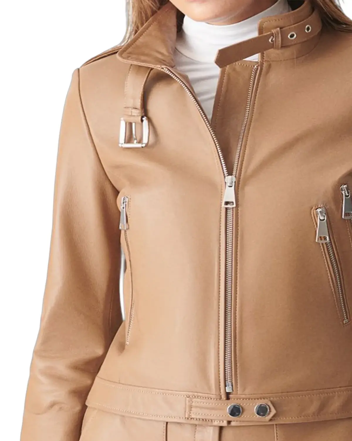 Womens Tan Sports Biker Leather Jacket