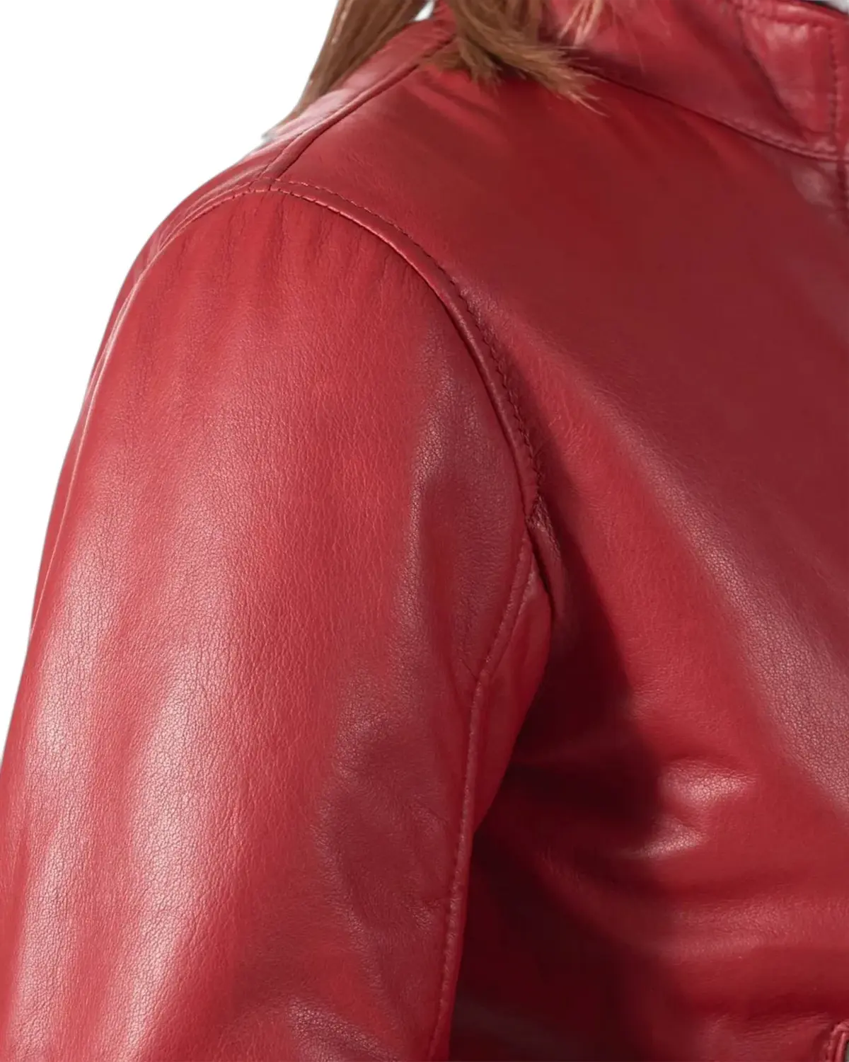 Womens Soft Red Bomber Leather Jacket