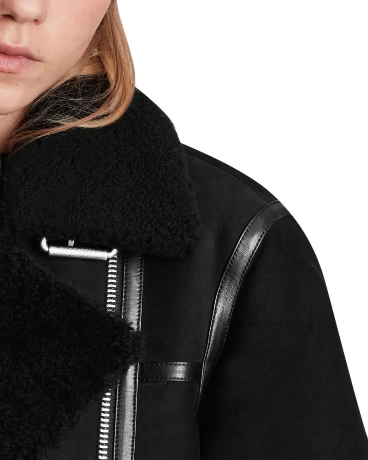 Womens Matt Black Shearling Leather Jacket | Elite Jacket