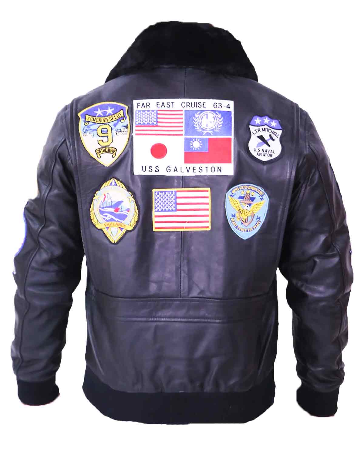 Mens Top Gun Maverick Fur Collar Black Bomber Leather Jacket