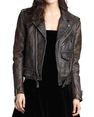Elite Women Moto Biker Distressed Vintage Brown Leather jacket