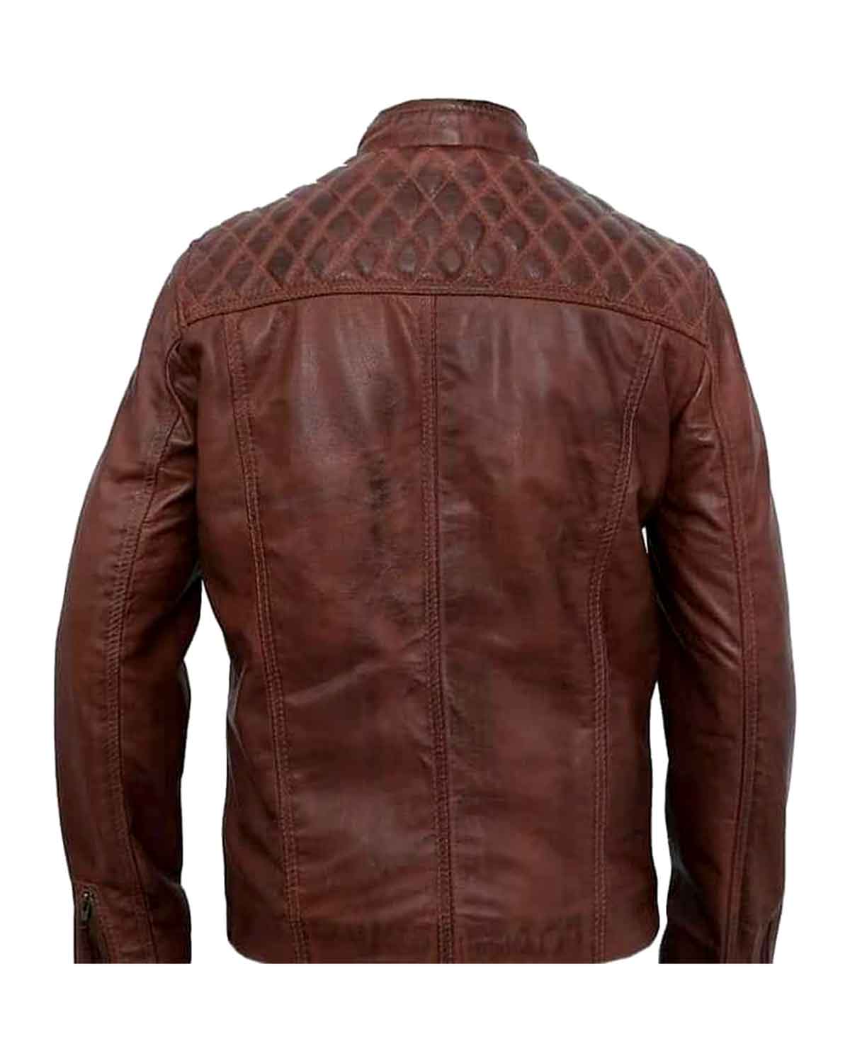 Mens Cognac Brown Quilted Cafe Racer Leather Biker Jacket