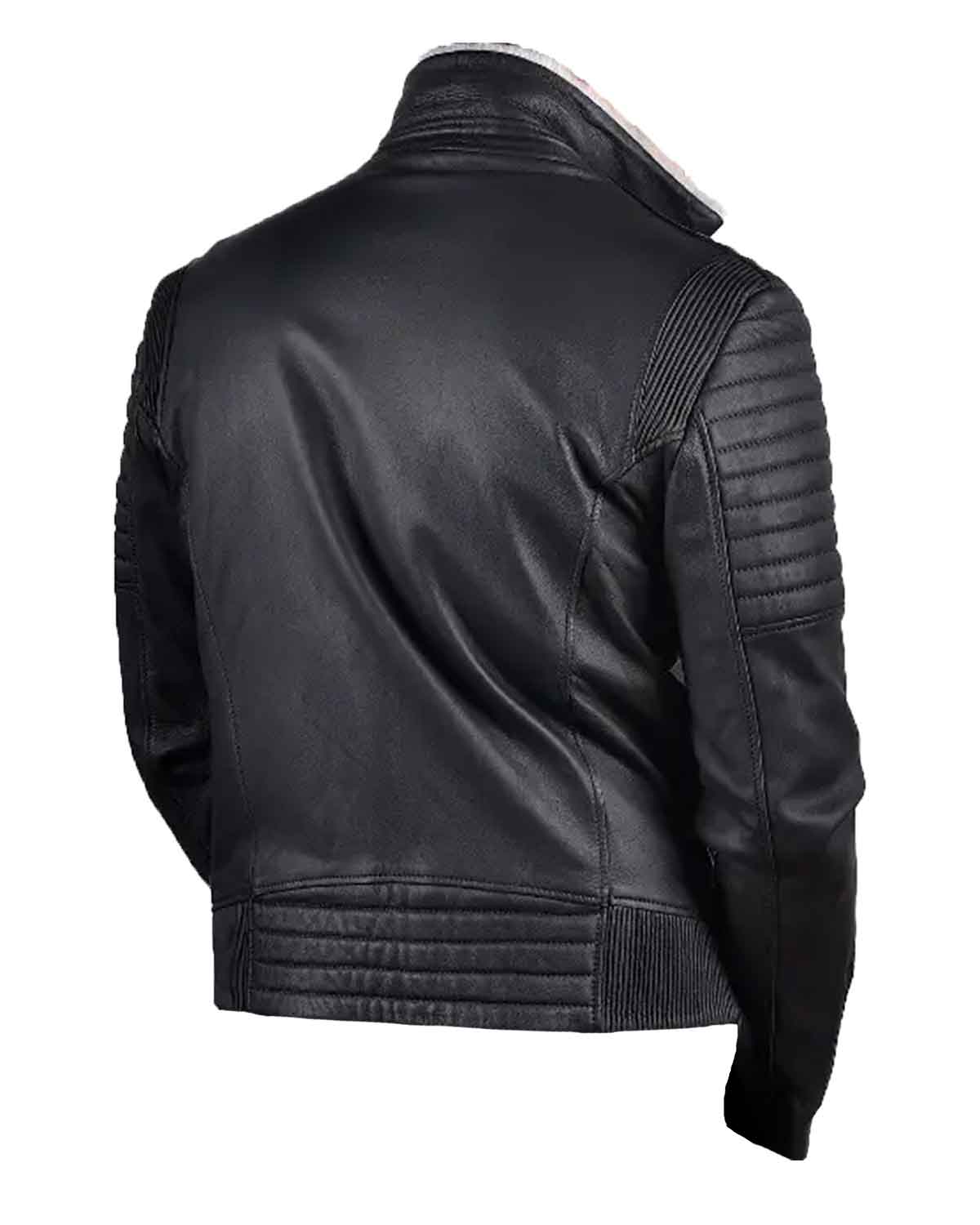 Mens Black Shearling White Fur Leather Biker Jacket 