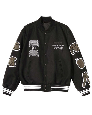 CDG ASAP Rocky Stussy Black Letterman Jacket | Elite Jacket