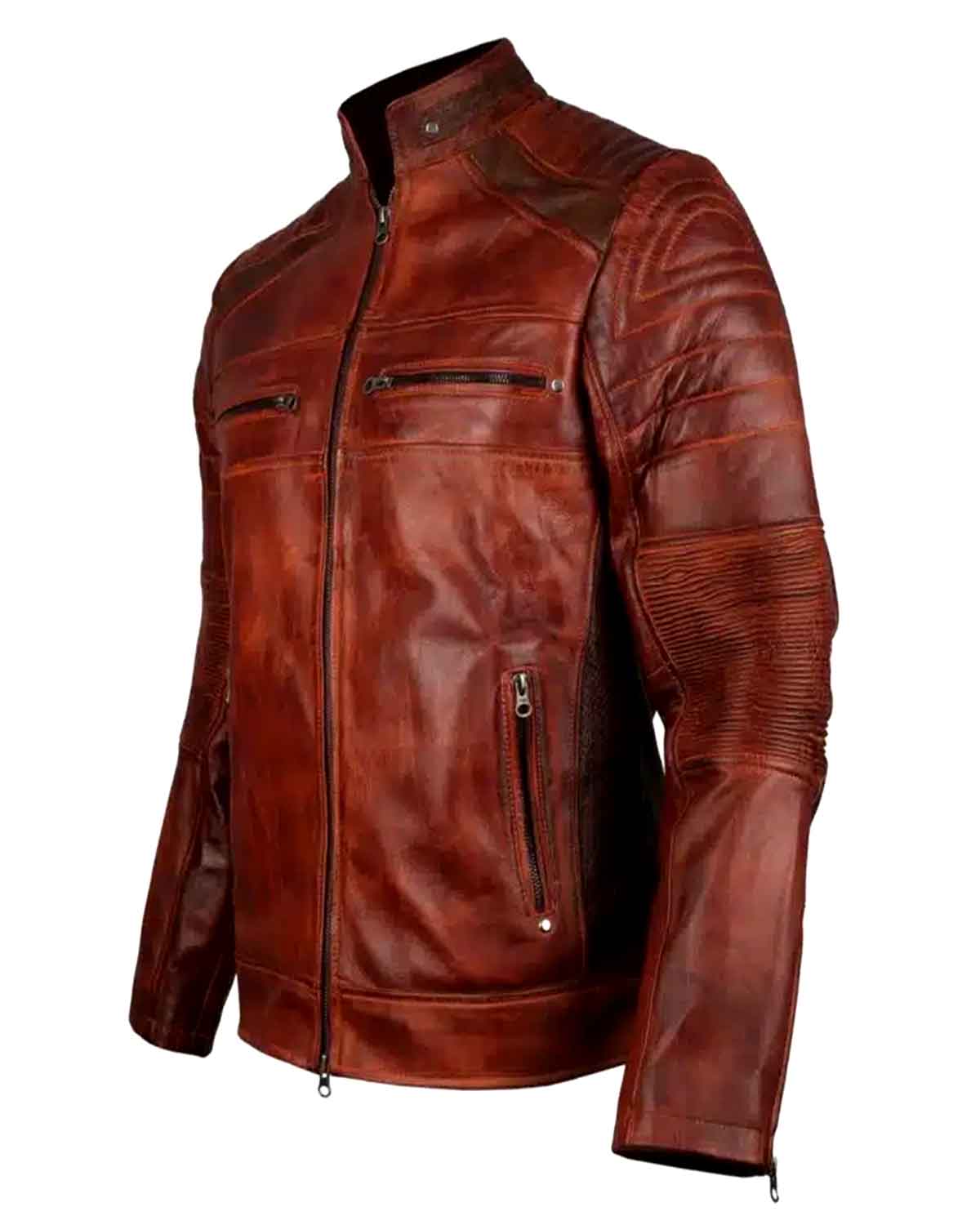 Mens Cafe Racer Brown Vintage Biker Leather Jacket 