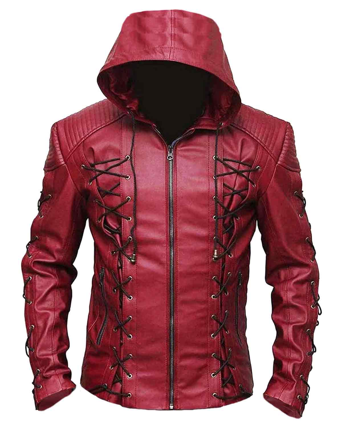 Mens DC Red Arrow Hood Leather Jacket | Elite Jacket