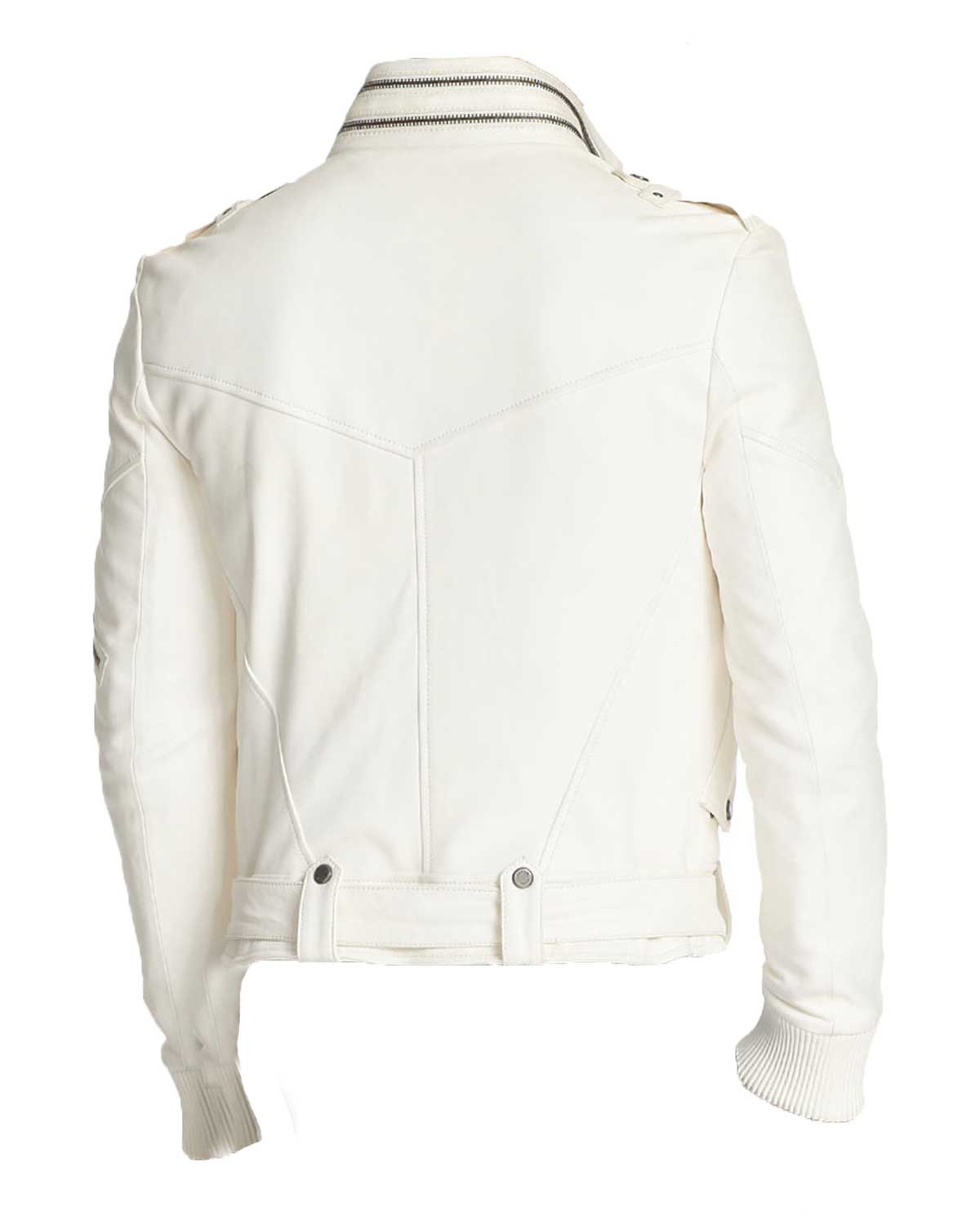 Mens Belted White Leather Motorcycle Jacket | Elite Jacket