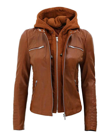 Womens Brown Hooded Style Leather Jacket