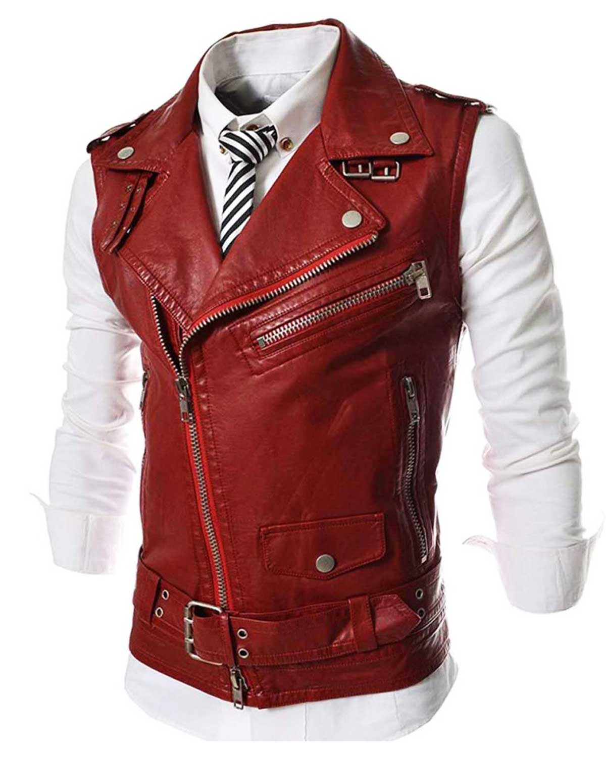Mens Asymmetrical Slim Fit Red Leather Biker Vest | Elite Jacket