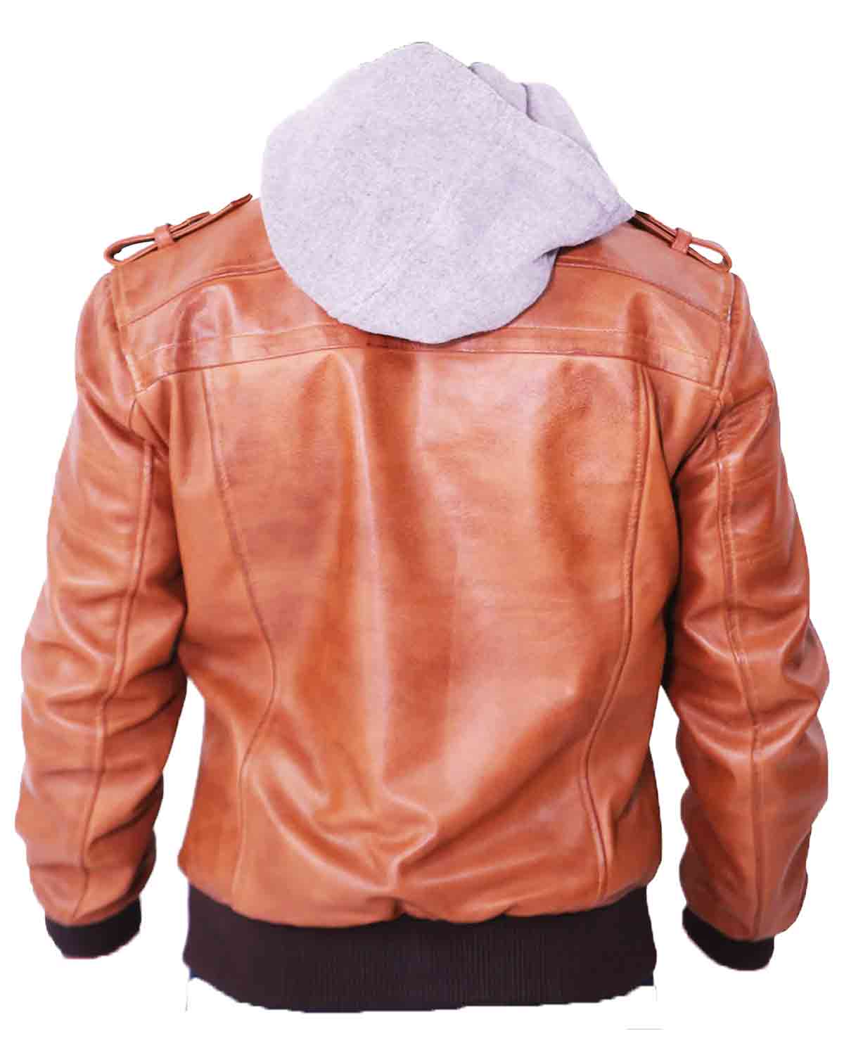 Elite Men's Grey Removable Hood Brown Leather Jacket