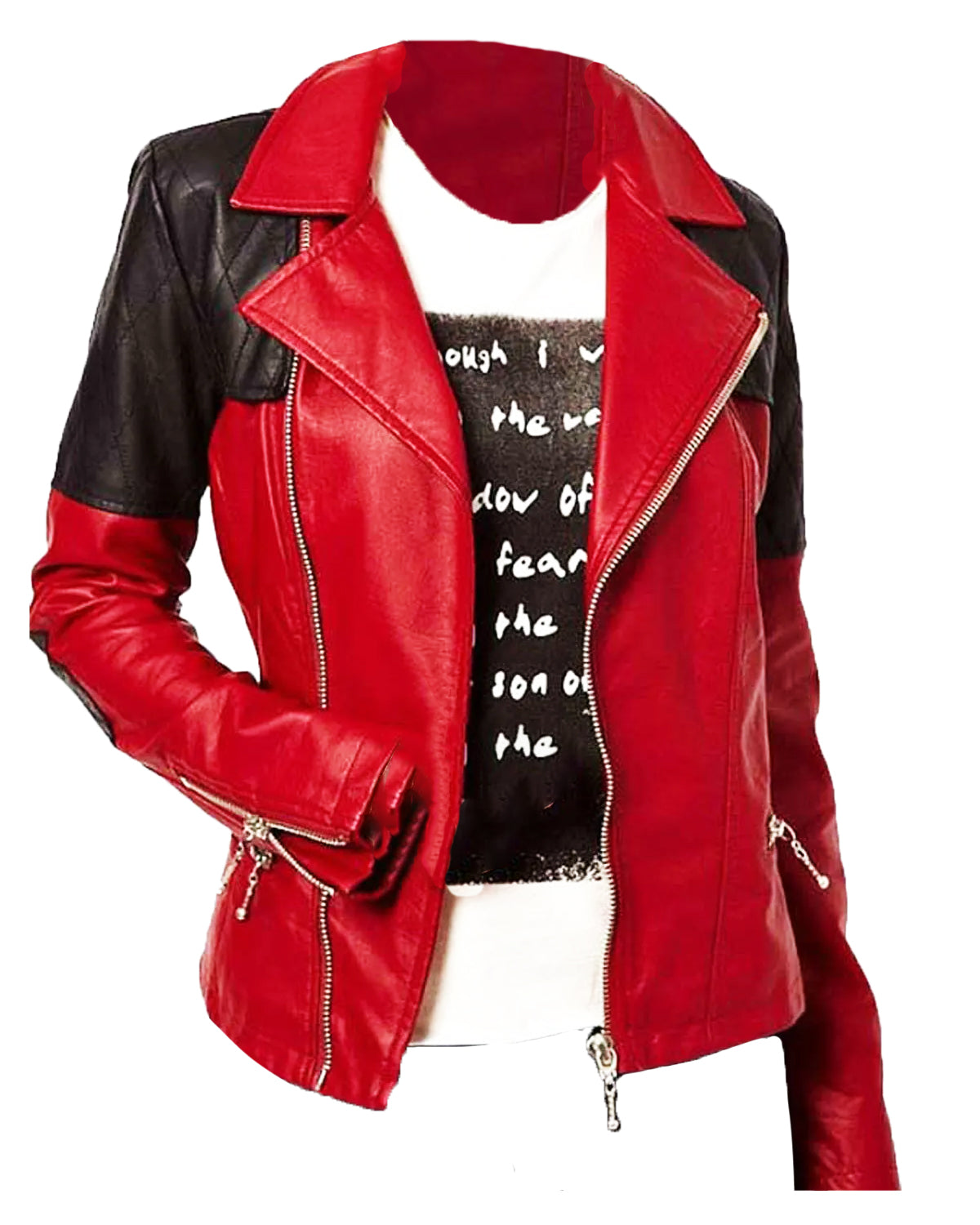 Womens Asymmetrical Red And Black Leather Biker Jacket 
