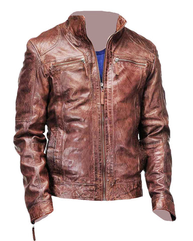 Mens Coffee Brown Distressed Leather Biker Jacket | Elite Jacket