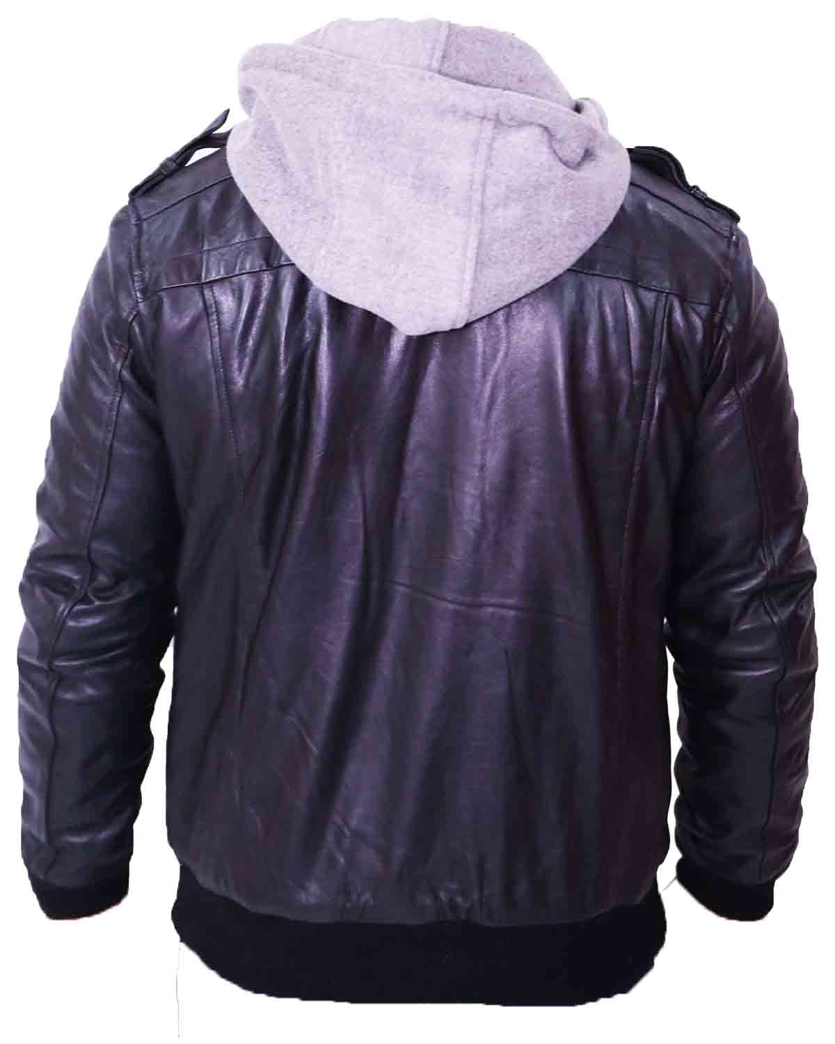Mens Grey Removable Hood Black Leather Jacket | Elite Jacket