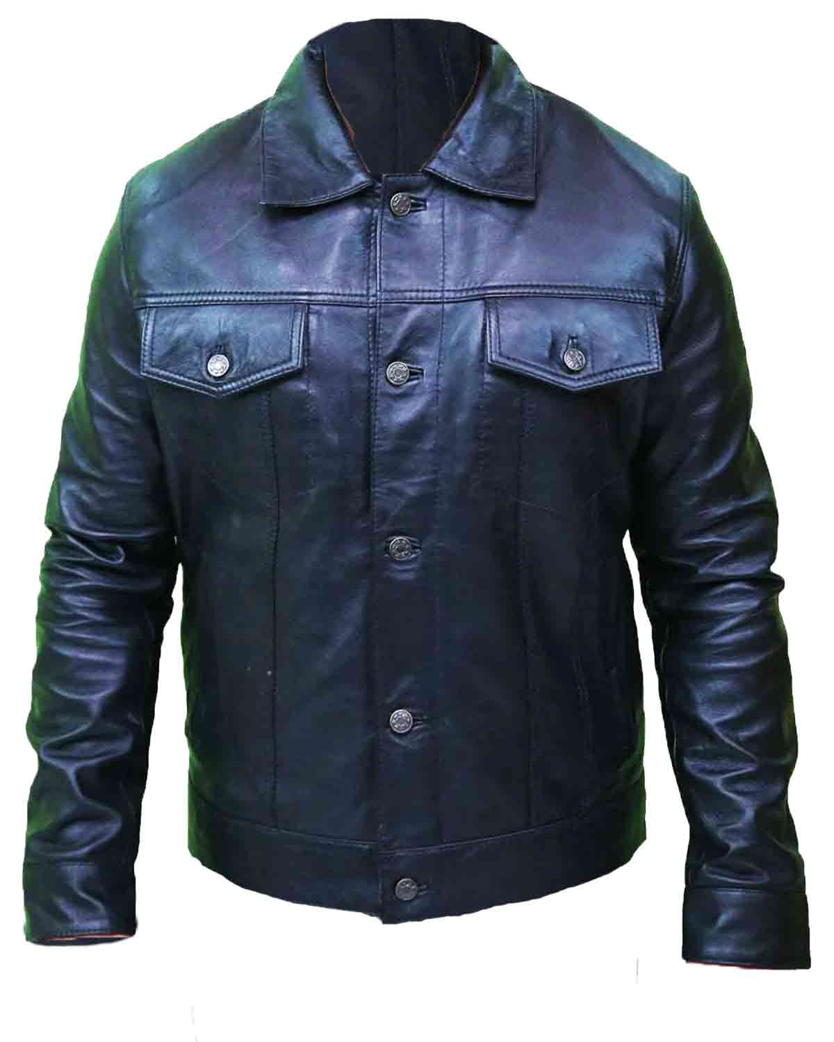 Elite Men's Vintage Black Leather Trucker Jacket