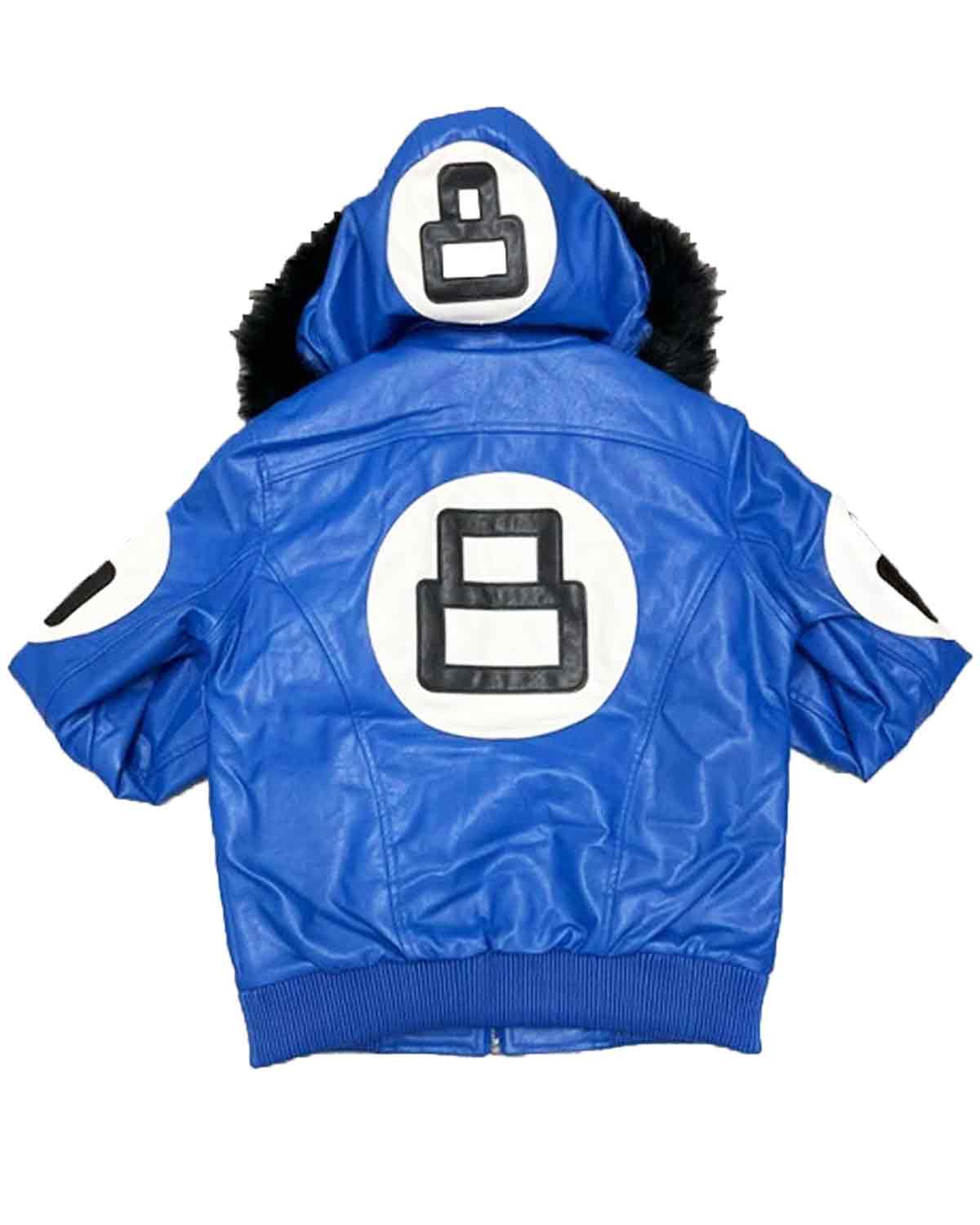 Elite 8 Ball Logo Fur Hooded Sheepskin Blue Men's Jacket