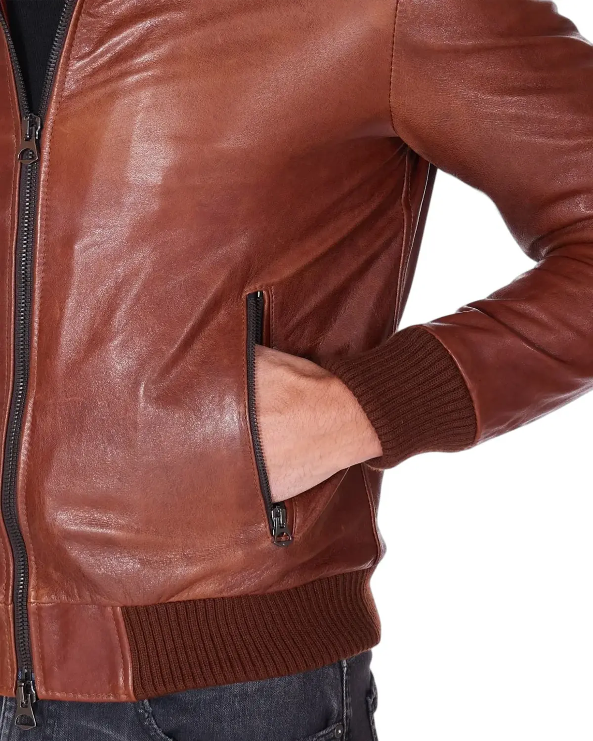 Mens Shiny Brown Bomber Leather Jacket | Elite Jacket