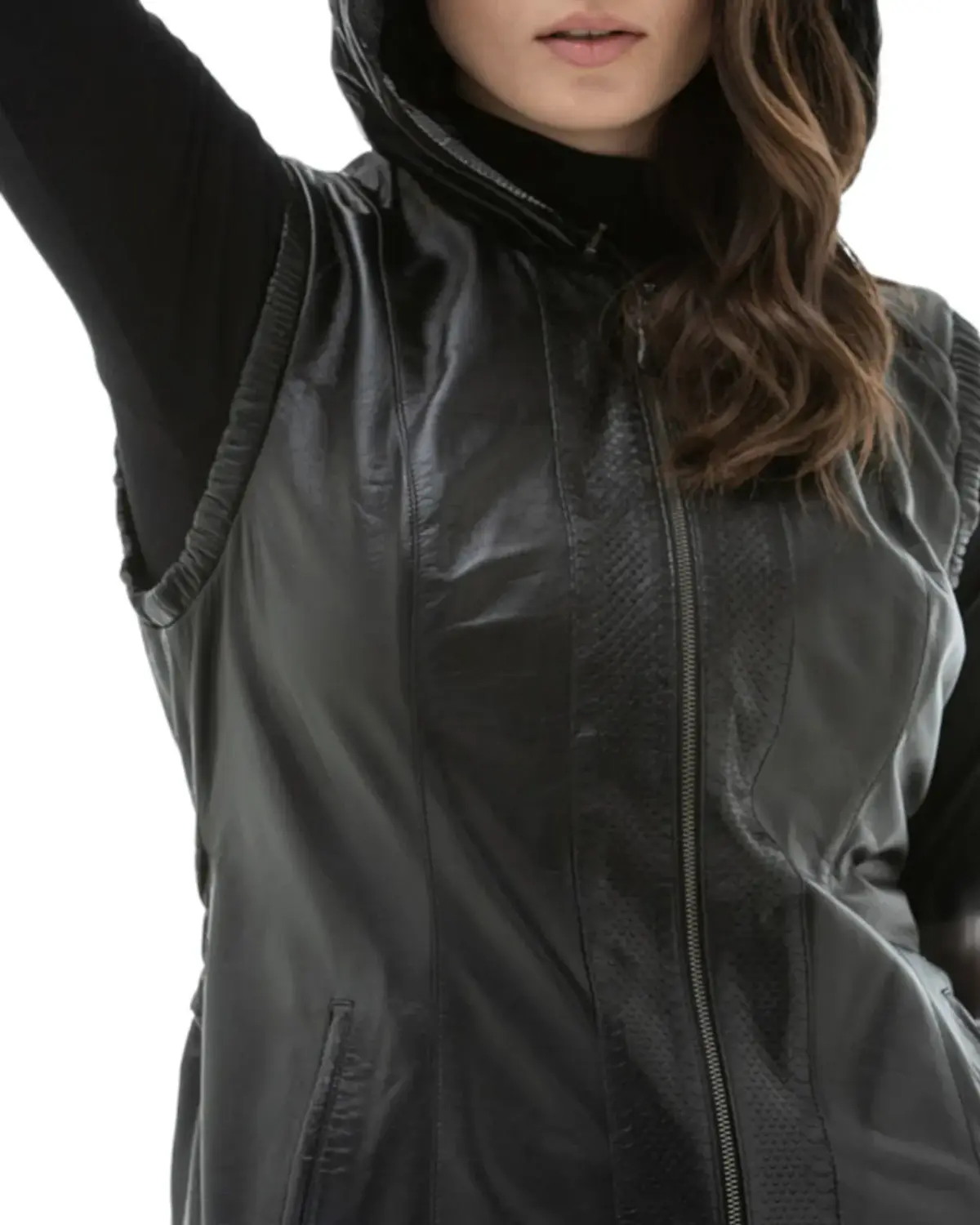 Womens Black Fashionable Hoodies Leather Vest