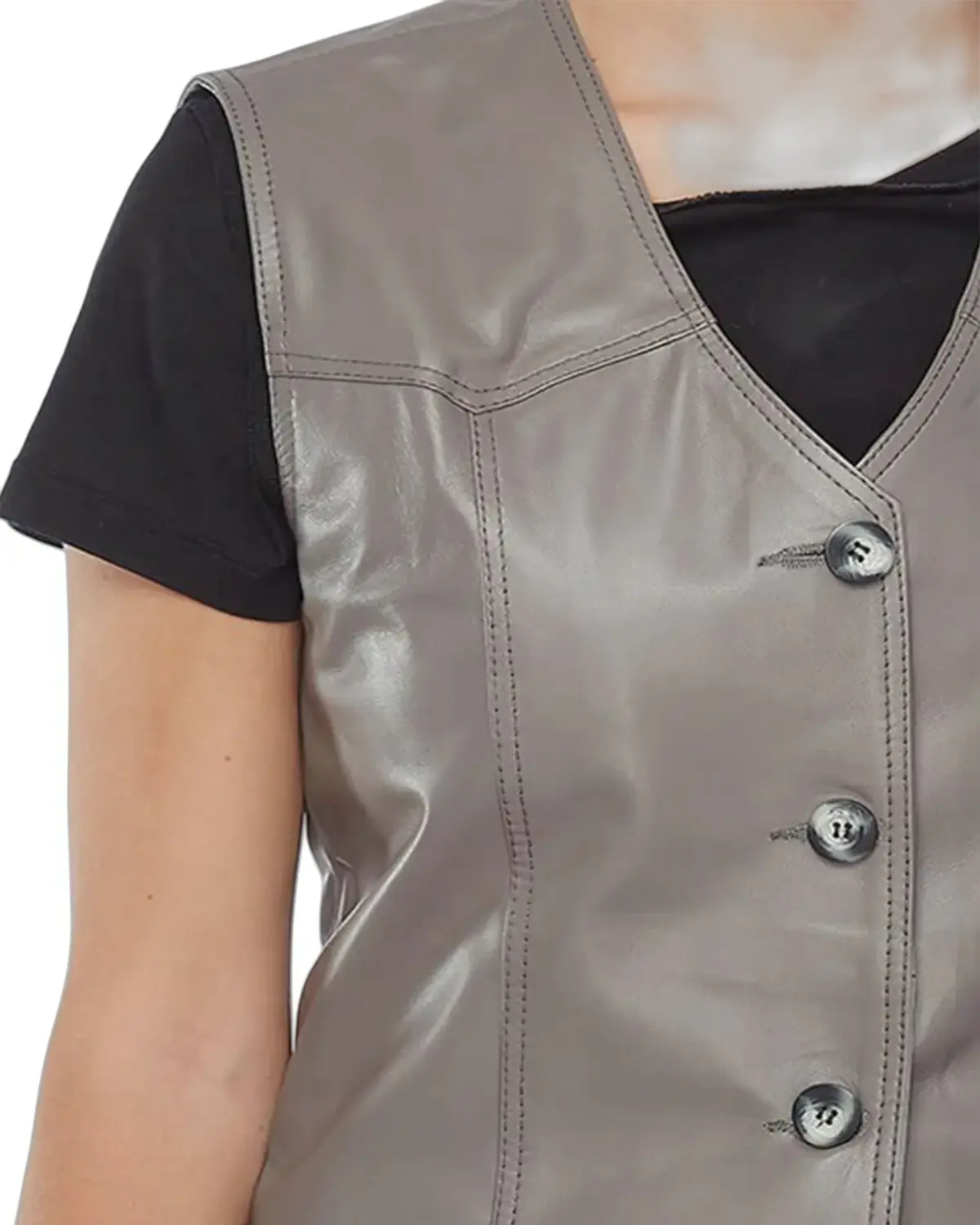 Womens Solid Grey Biker Leather Vest