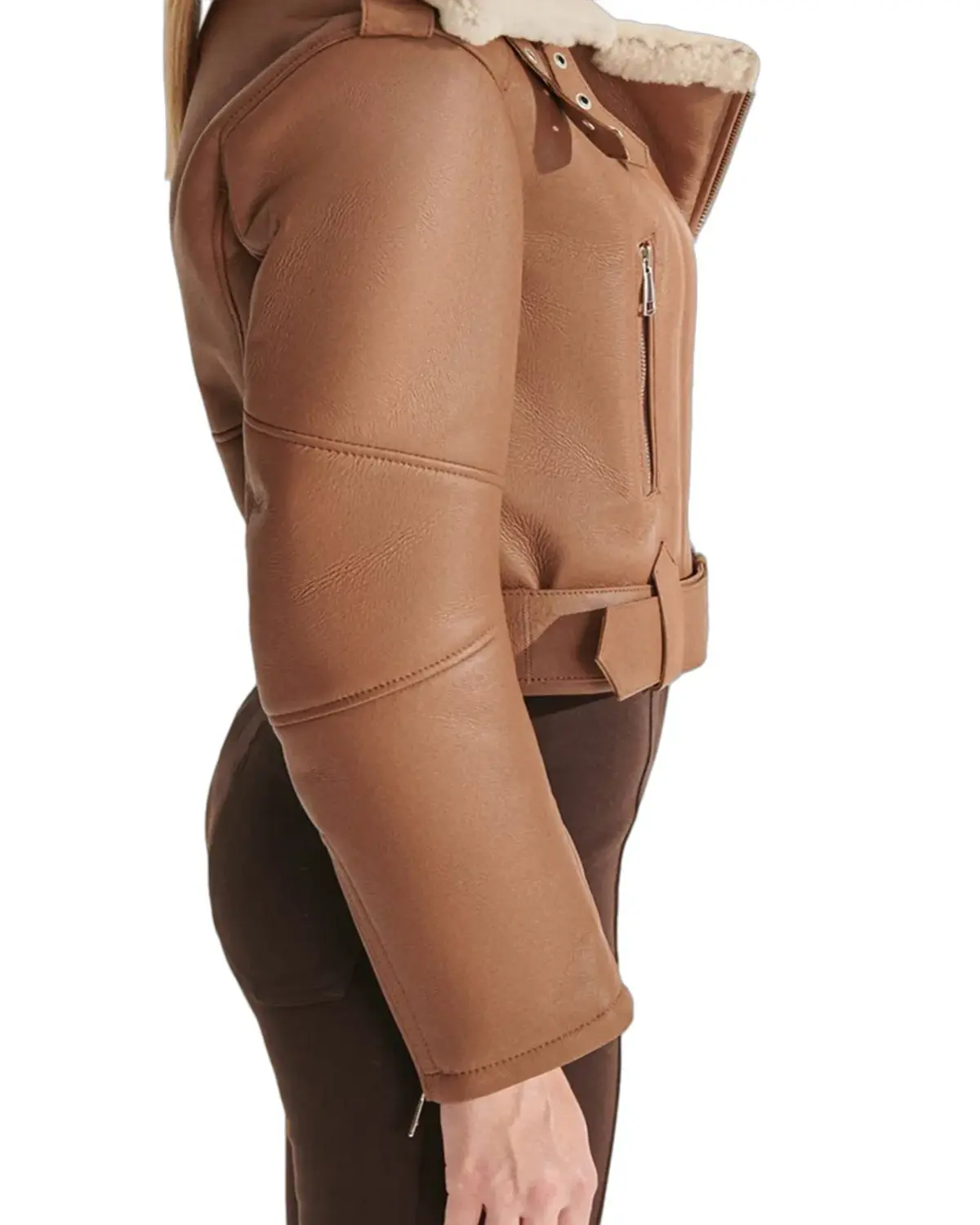 Womens Short Length Tan Shearling Leather Jacket