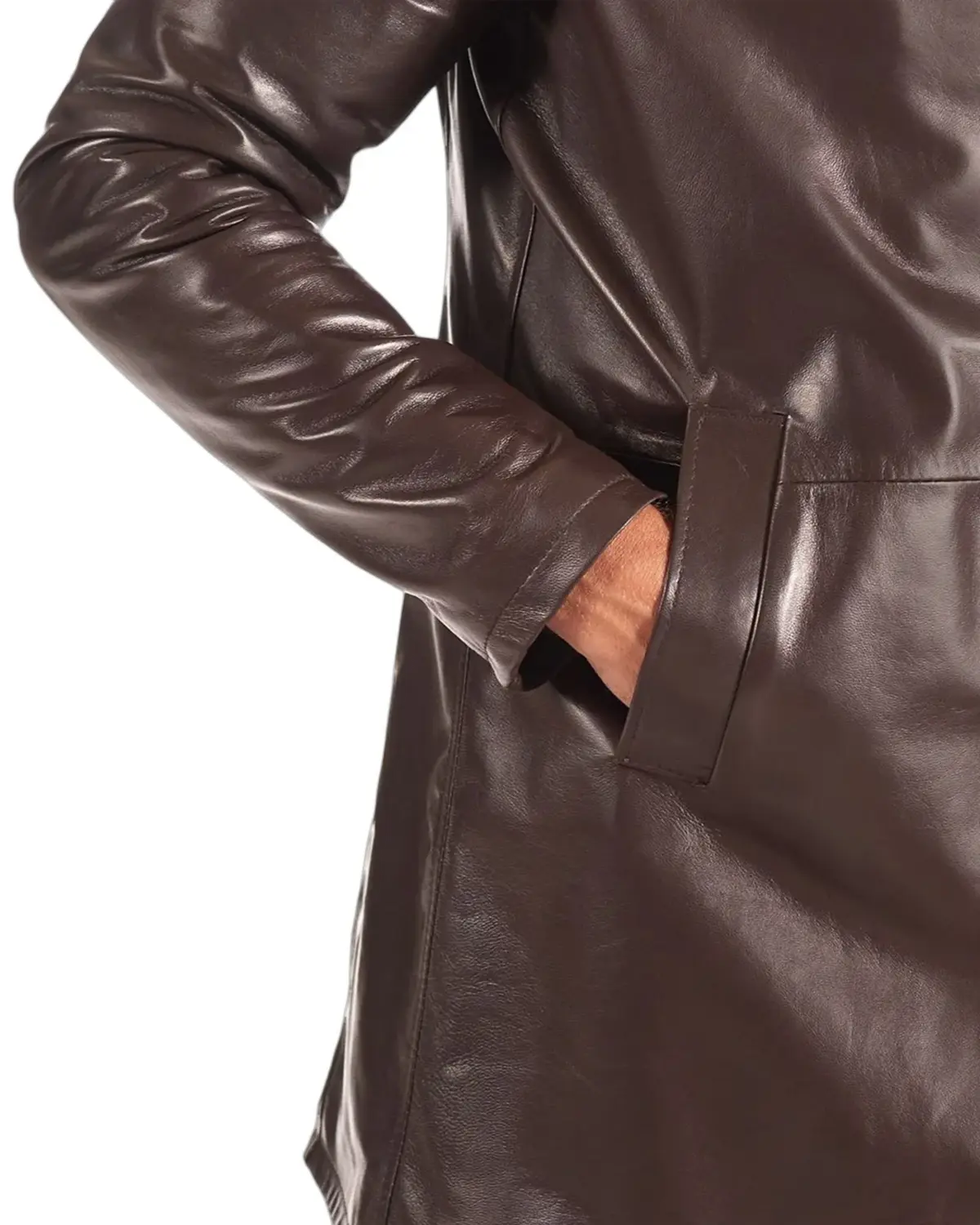 Mens Classic Brown Mid-Length Leather Coat 