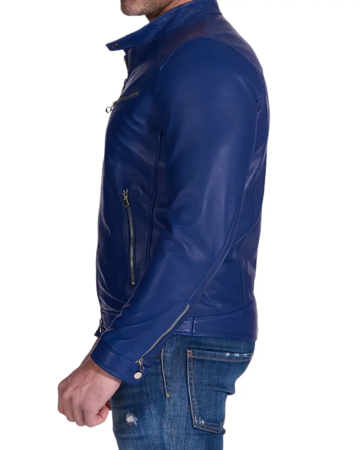 Mens Ink Blue Biker Leather Jacket | Elite Collection