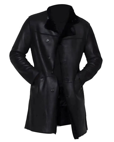 Mens Casual Lapel Collar Black Shearling Leather Coat