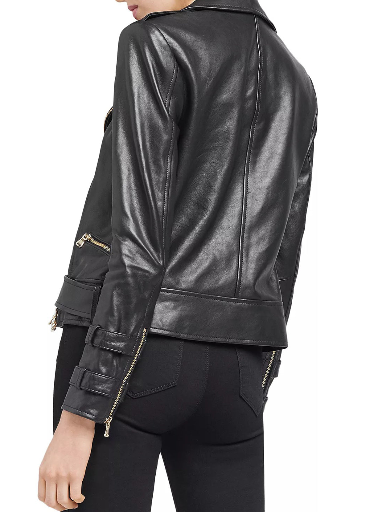 Womens Black Double Breasted Biker Leather Jacket 