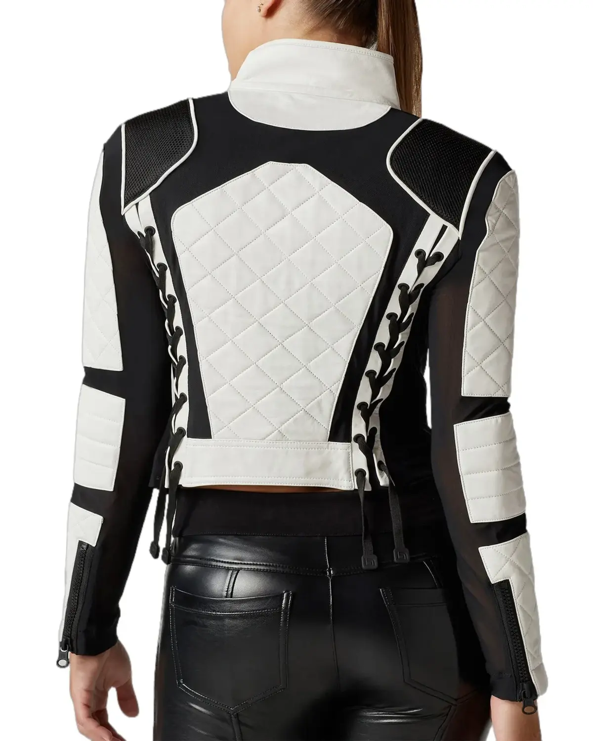 Womens White and Black Bikers Leather Jacket | Elite Jacket