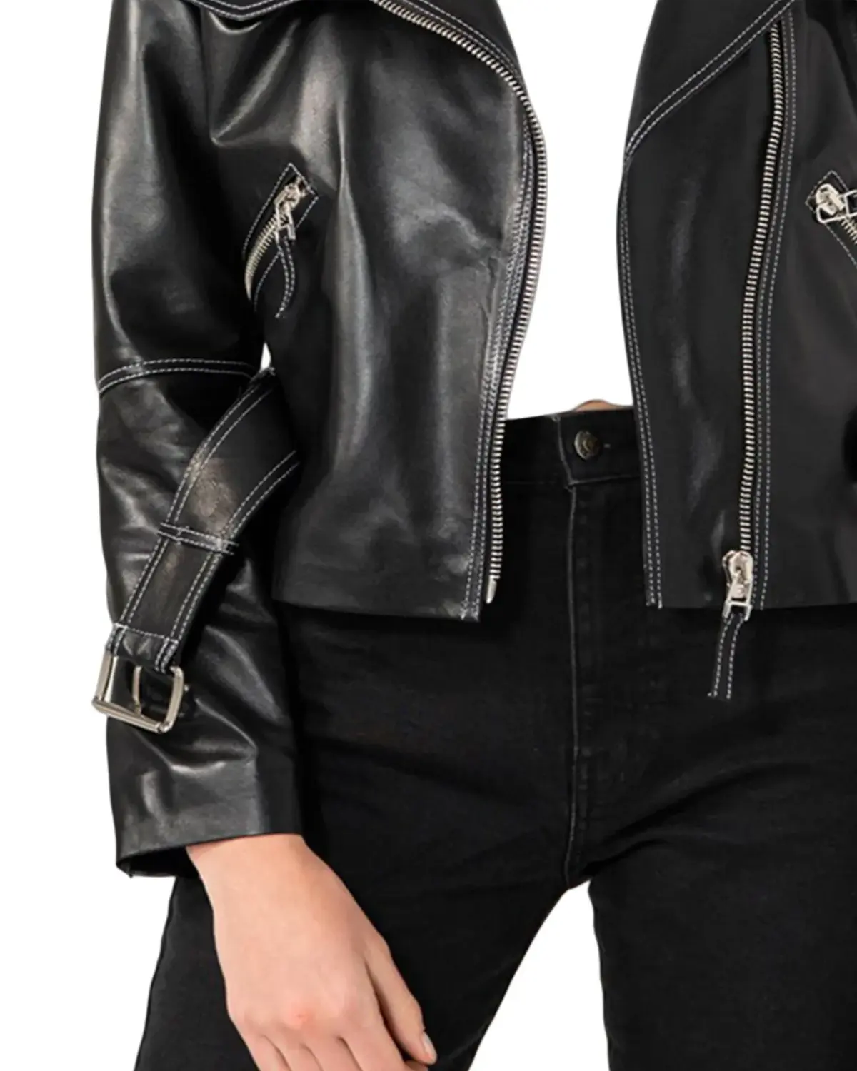 Womens White Stitched Black Biker Leather Jacket