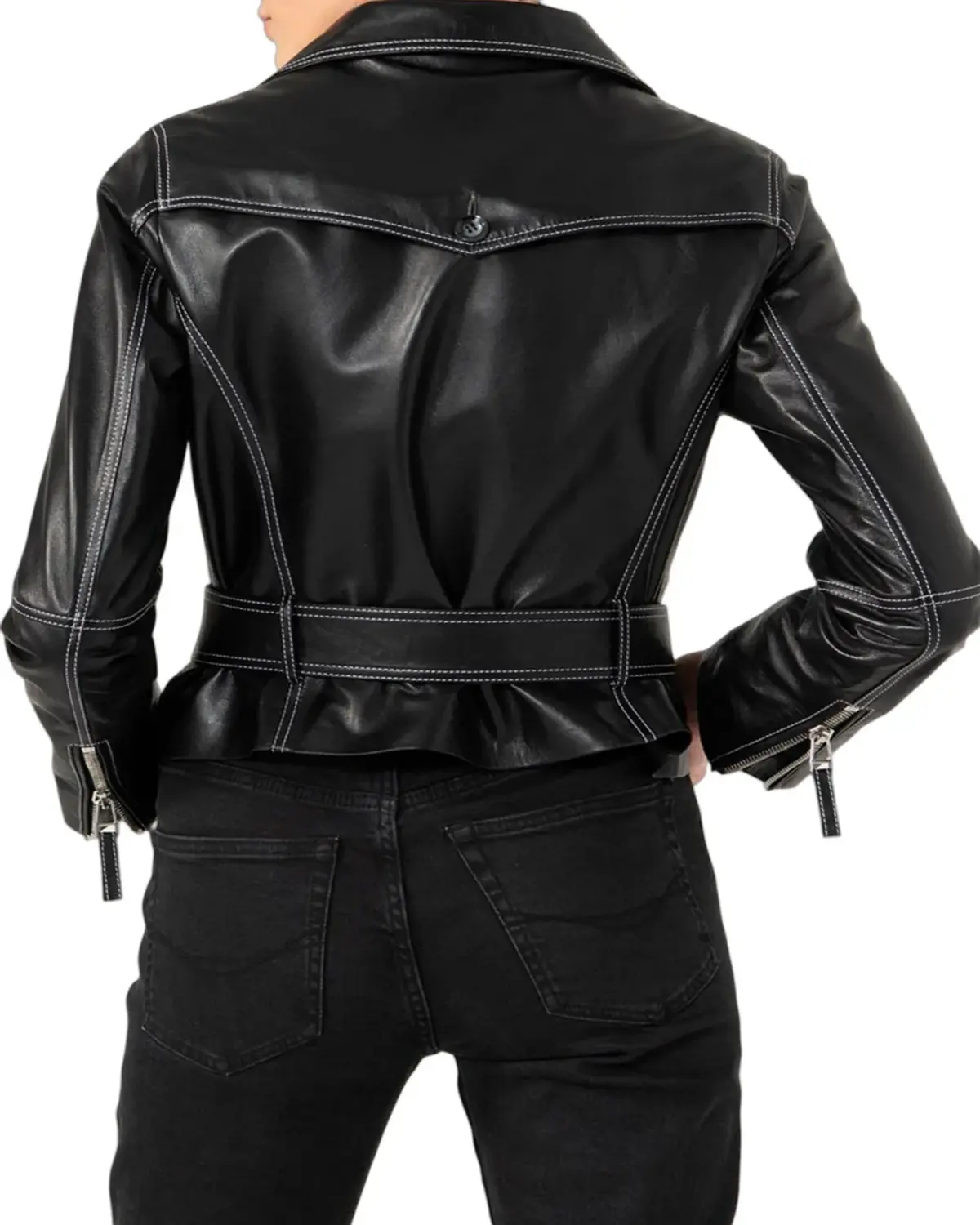 Womens White Stitched Black Biker Leather Jacket