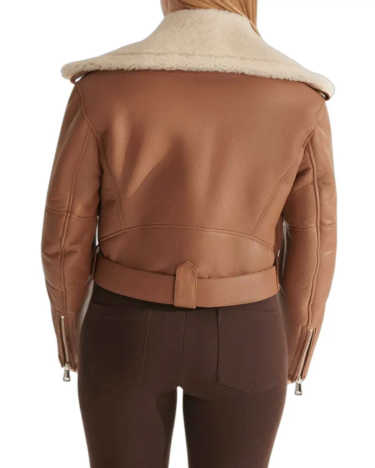 Womens Short Length Tan Shearling Leather Jacket