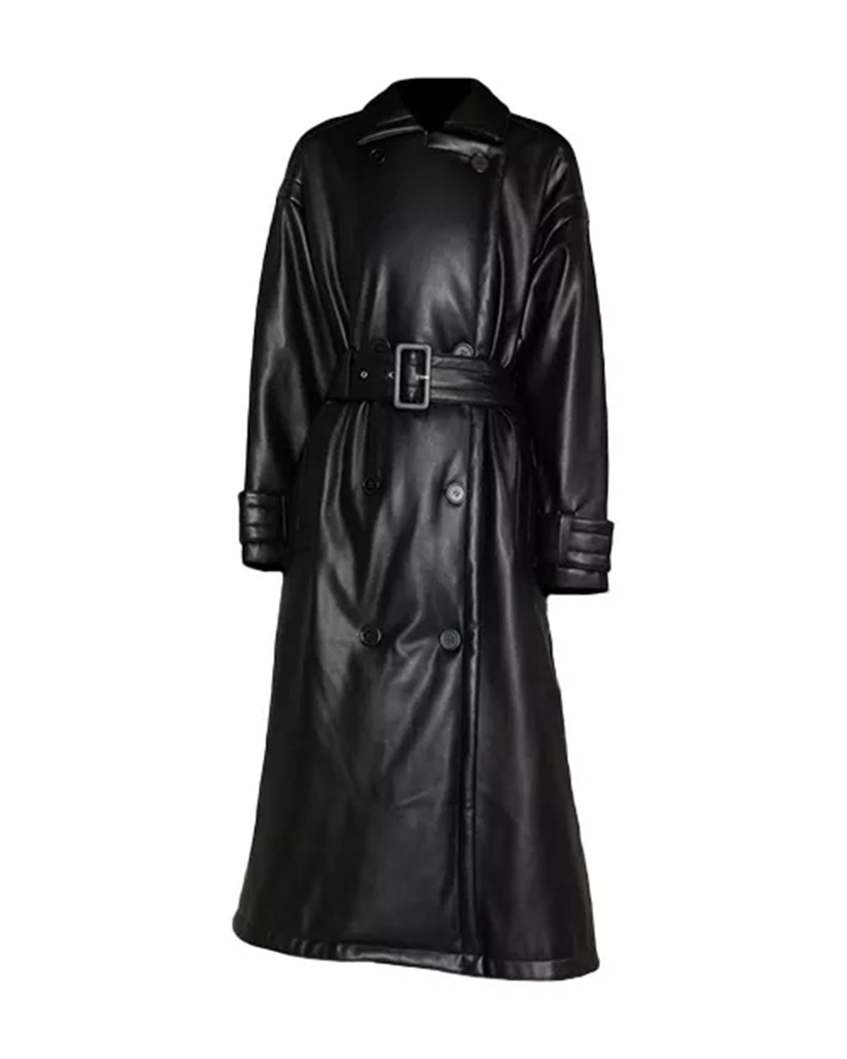 Elite Womens Black Leather Trench Coat Double Breasted