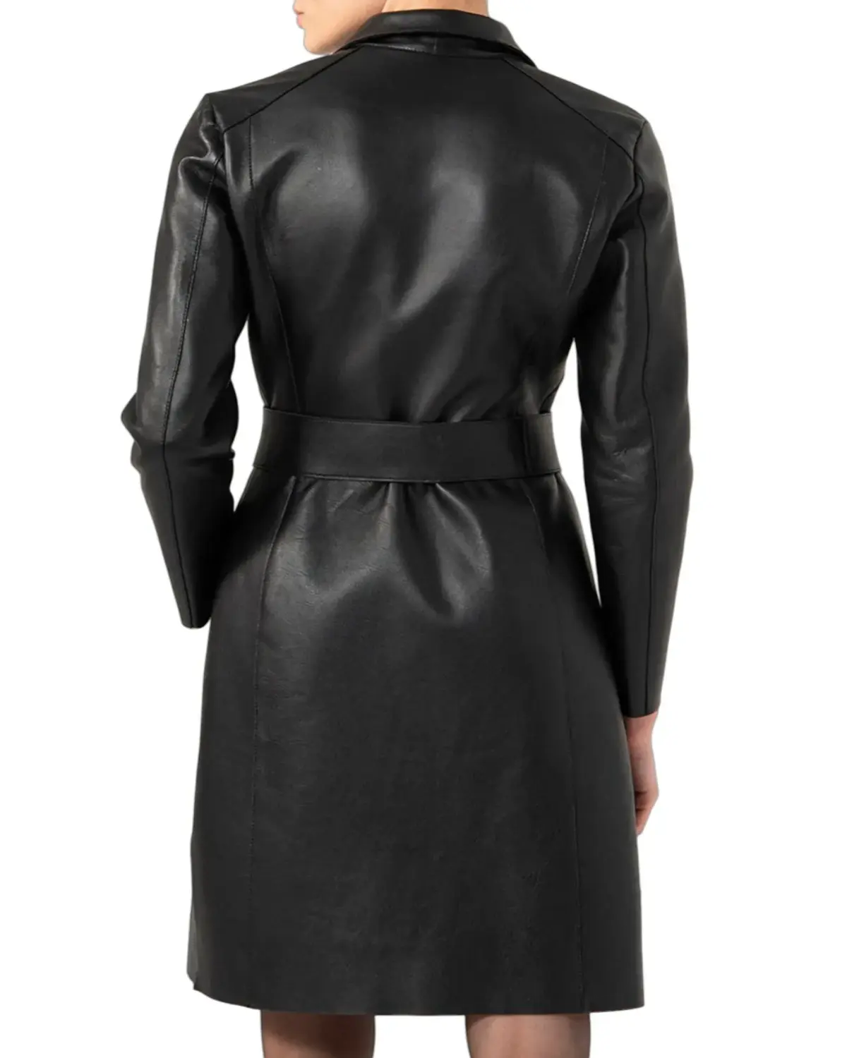 Womens Smooth Black Trench Leather Coat