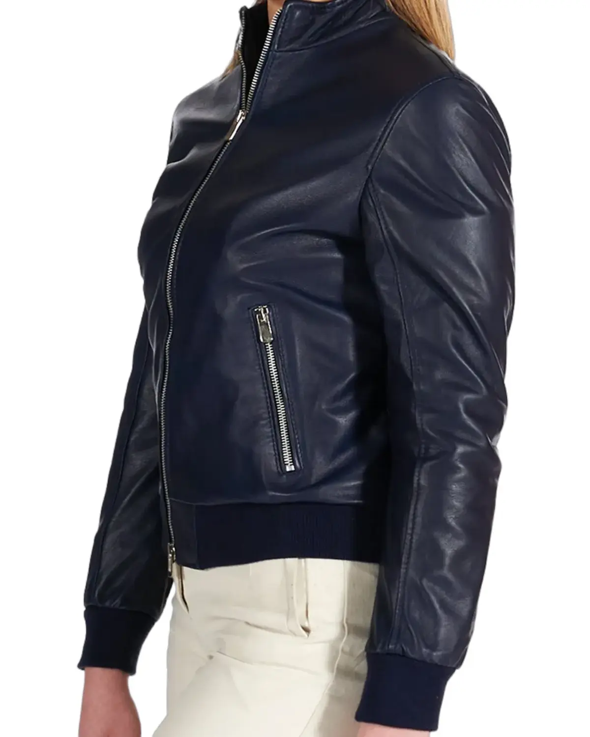 Womens Navy Blue Bomber Leather Jacket | Elite Jacket