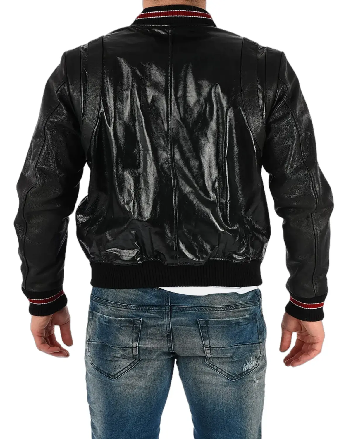 Mens Shiny Black Varsity Leather Jacket | Elite Jacket