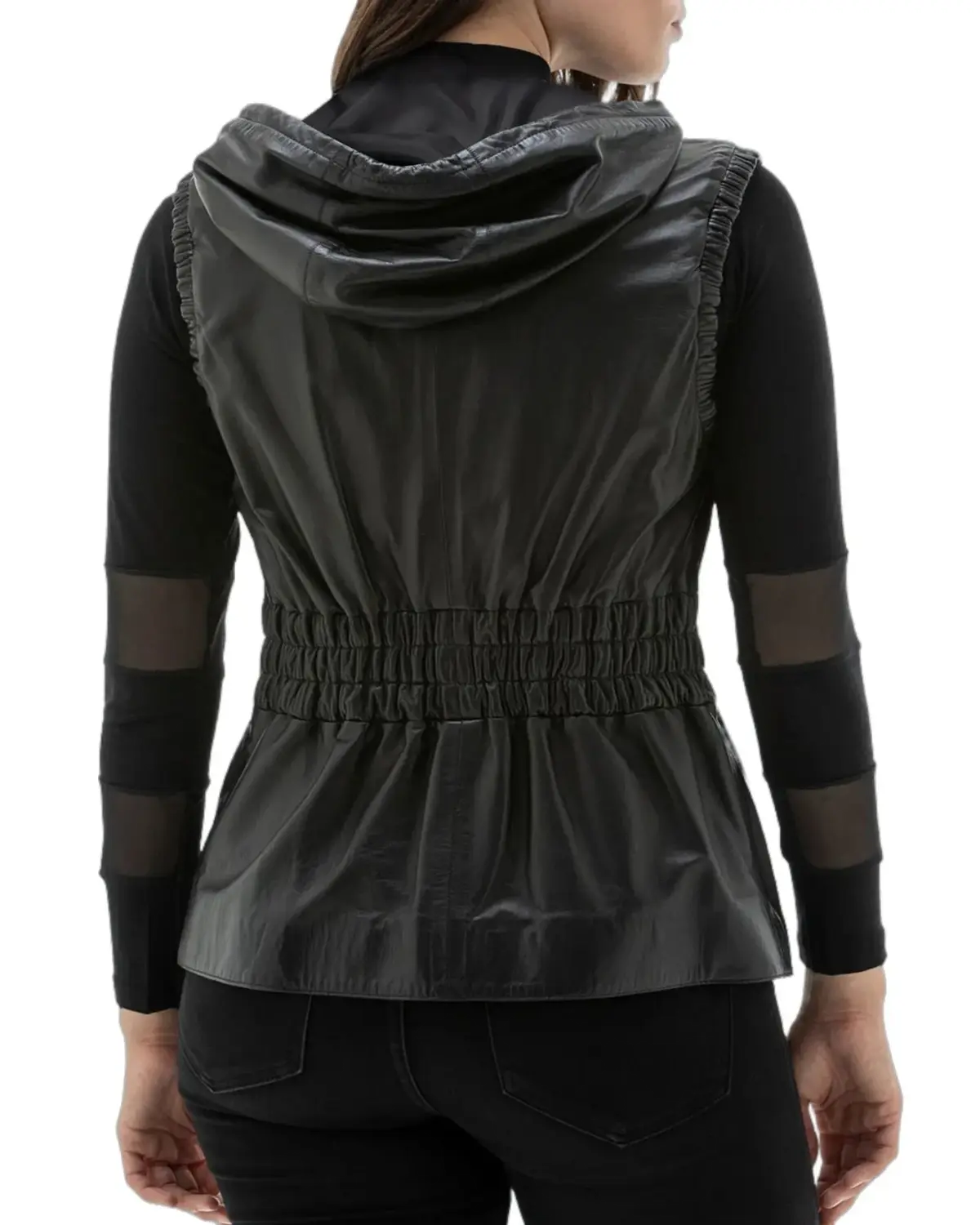 Womens Black Fashionable Hoodies Leather Vest