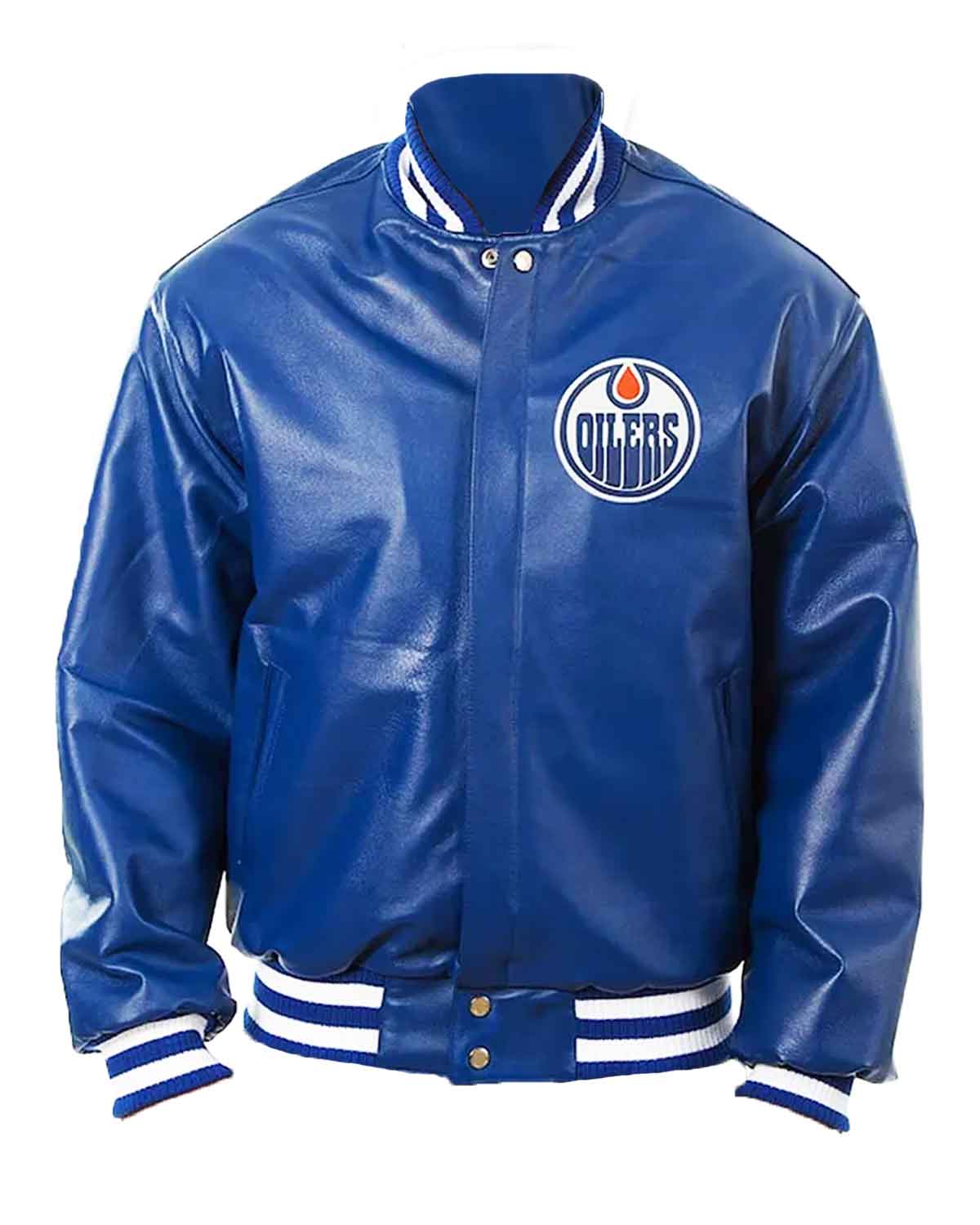 Edmonton Oilers Royal Blue Leather Bomber Jacket | Elite Jacket