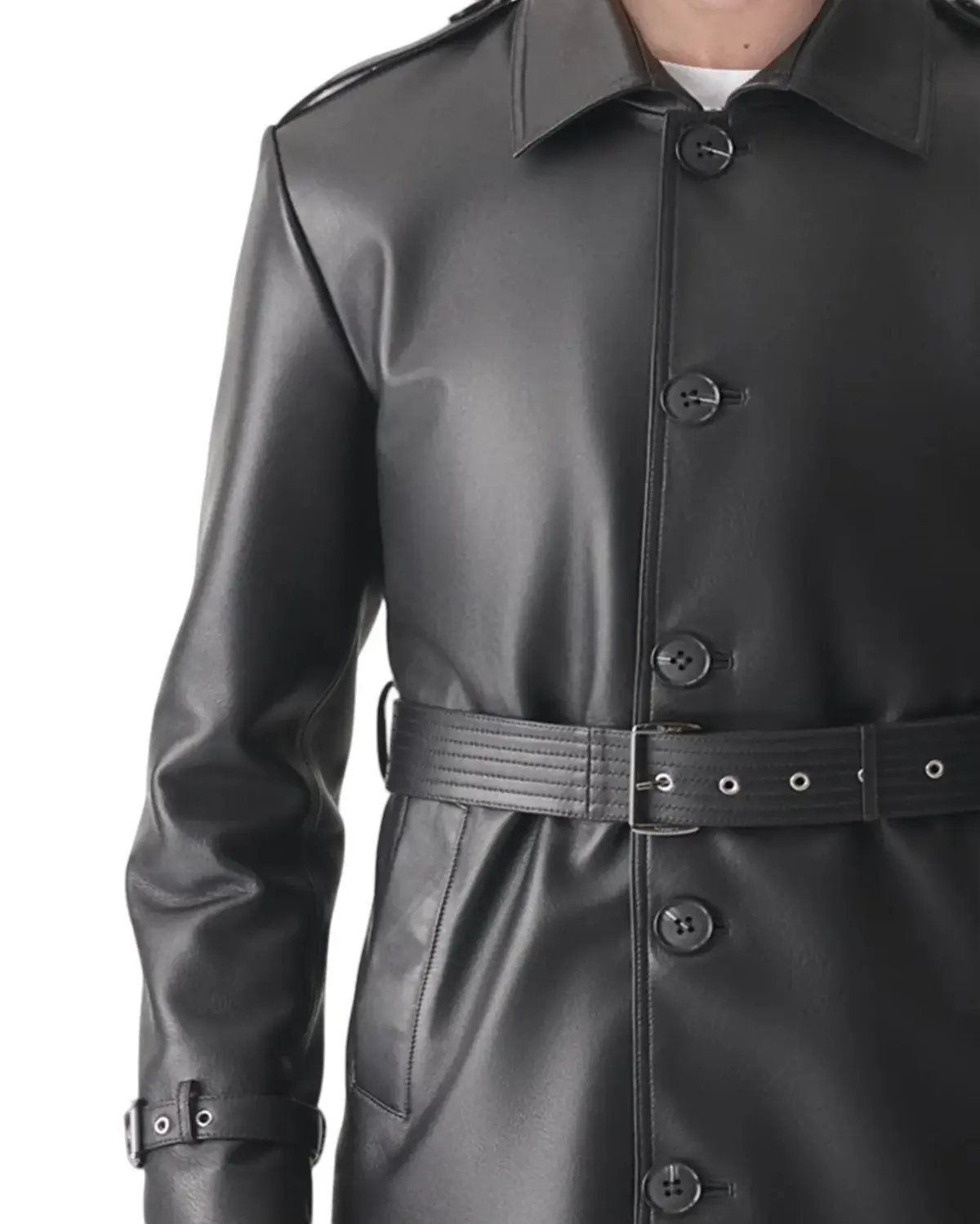 Mens Black Mid-Length Leather Coat