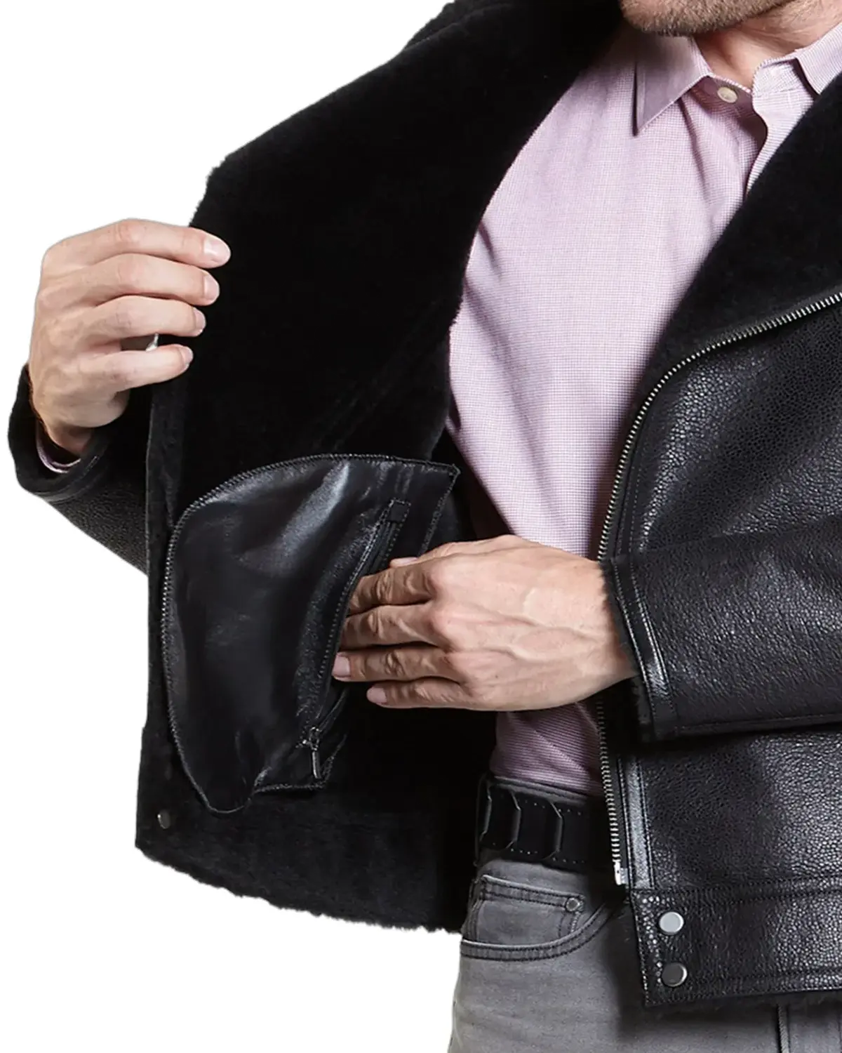 Mens Shiny Black Shearling Leather Jacket | Elite Collection