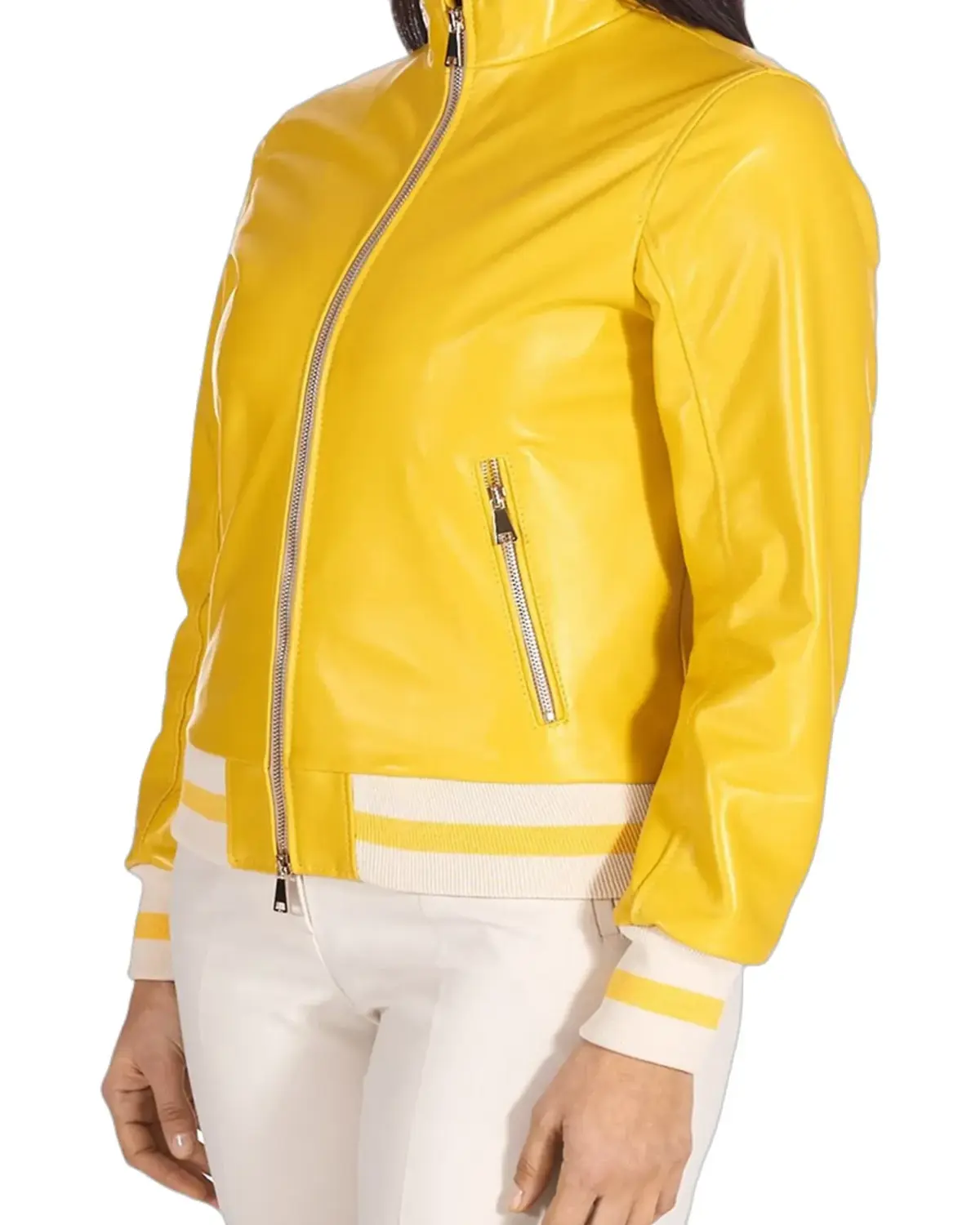 Womens Bright Yellow Bomber Leather Jacket | Elite Jacket